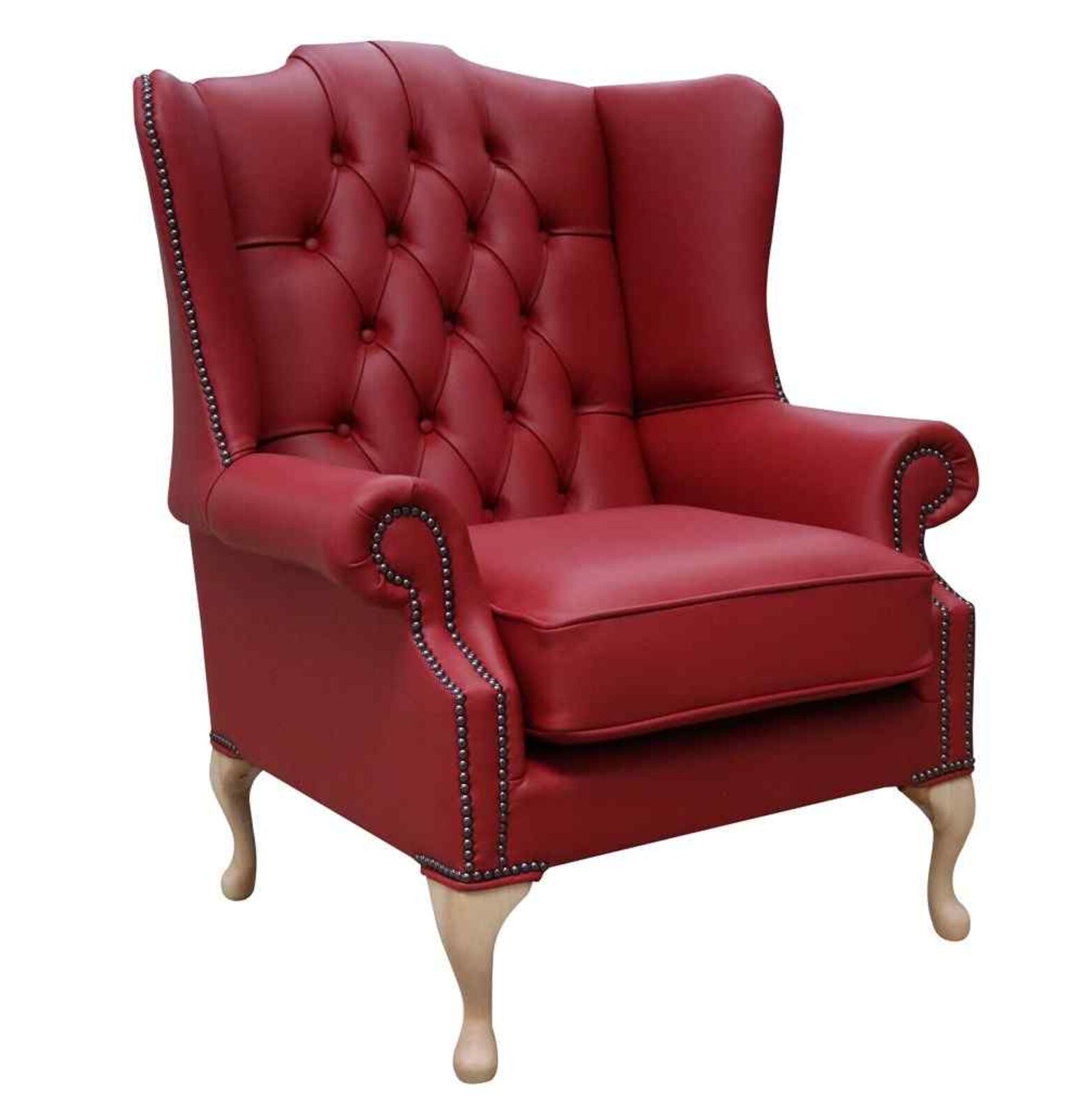 Product photograph of Chesterfield Mallory Flat Wing High Back Wing Chair Shelly Cherry Red Leather from Designer Sofas 4U