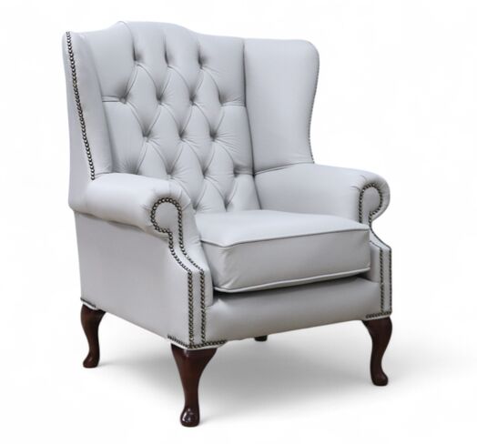 Chesterfield Mallory Flat Wing Queen Anne High Back Wing Chair Silver Grey Leather