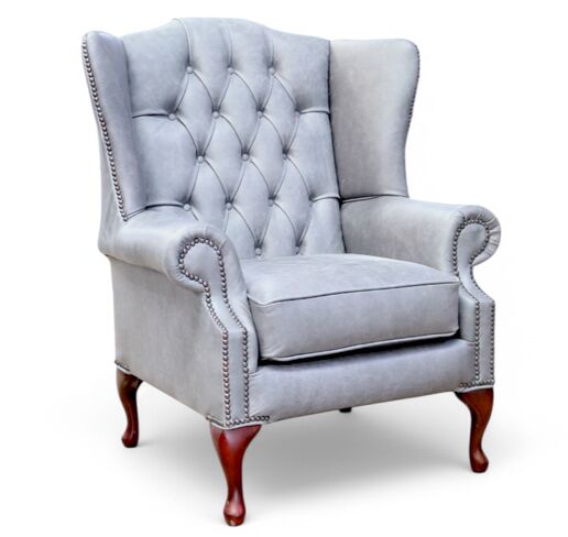 Chesterfield Mallory Queen Anne High Back Wing Chair Cracked Wax Ash Grey Leather