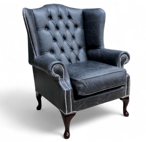 Chesterfield Mallory Queen Anne High Back Wing Chair Cracked Wax Black Leather