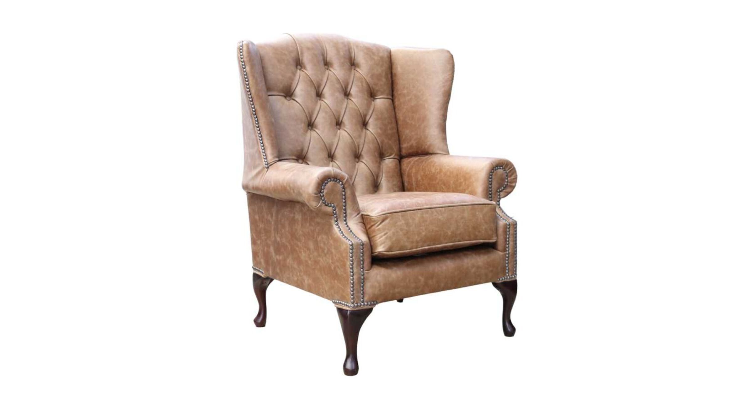 Chesterfield Mallory Queen Anne High Back Wing Chair Cracked Wax Tan