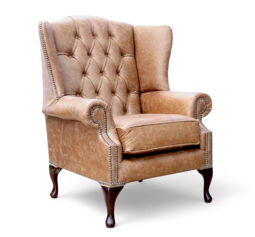 Chesterfield Mallory Queen Anne High Back Wing Chair Cracked Wax Tan Leather