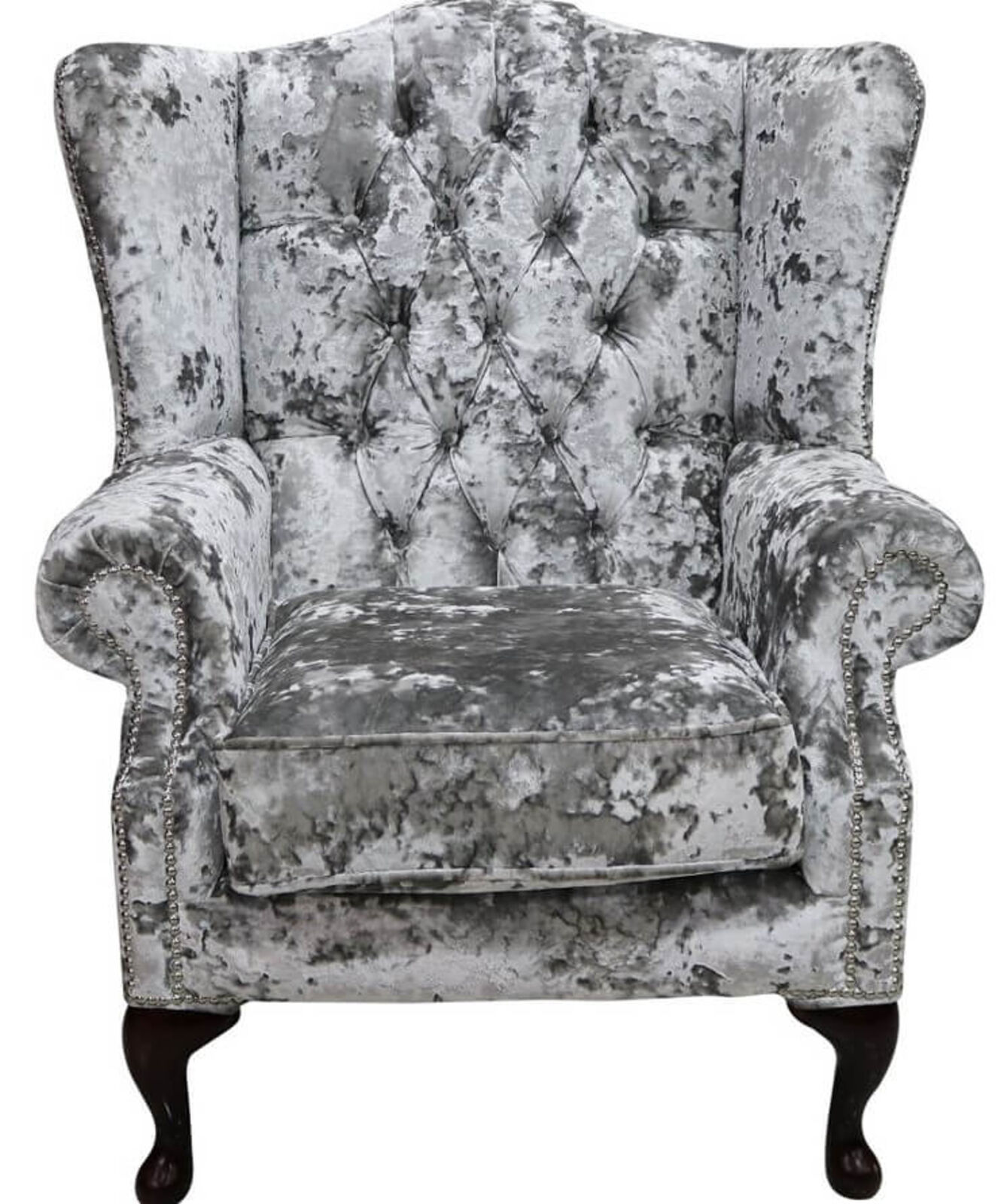 Product photograph of Chesterfield Velvet Mallory Queen Anne High Back Wing Chair Lustro Argent from Designer Sofas 4U