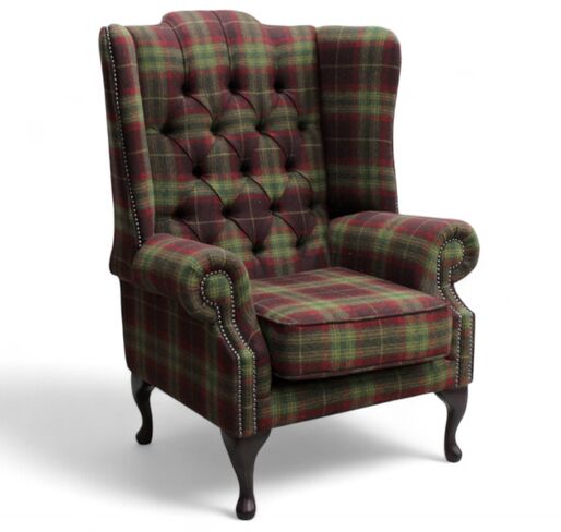 Chesterfield Mallory Wool Wing Chair Fireside High Back Armchair Threshfield Tourmaline Check Tweed