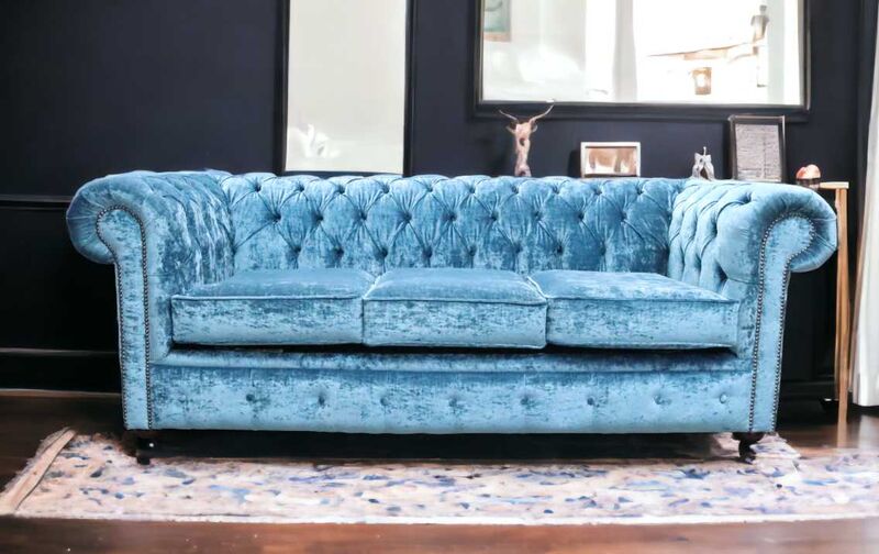 Product photograph of Chesterfield 3 Seater Settee Modena Delft Blue Velvet Sofa Offer from Designer Sofas 4U