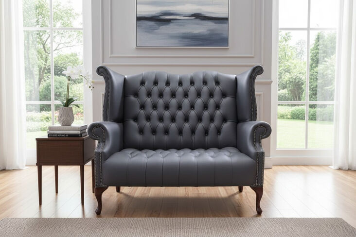 Chesterfield Newby 2 Seater Queen Anne High Back Wing Chair Sofa Burnt Oak Leather