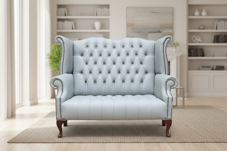 Chesterfield Newby 2 Seater Queen Anne High Back Wing Chair Sofa Moonmist Grey Leather
