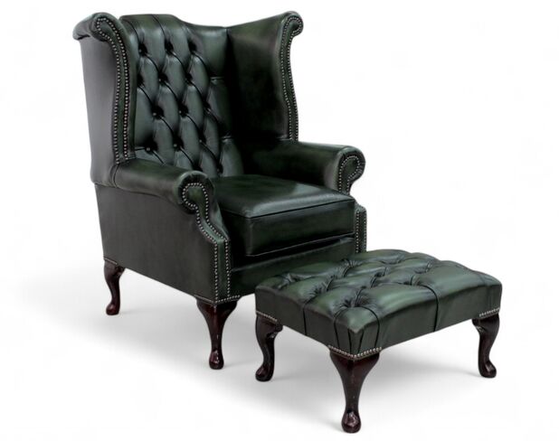 Chesterfield Offer Queen Anne High Back Wing Chair Antique Green Leather Footstool
