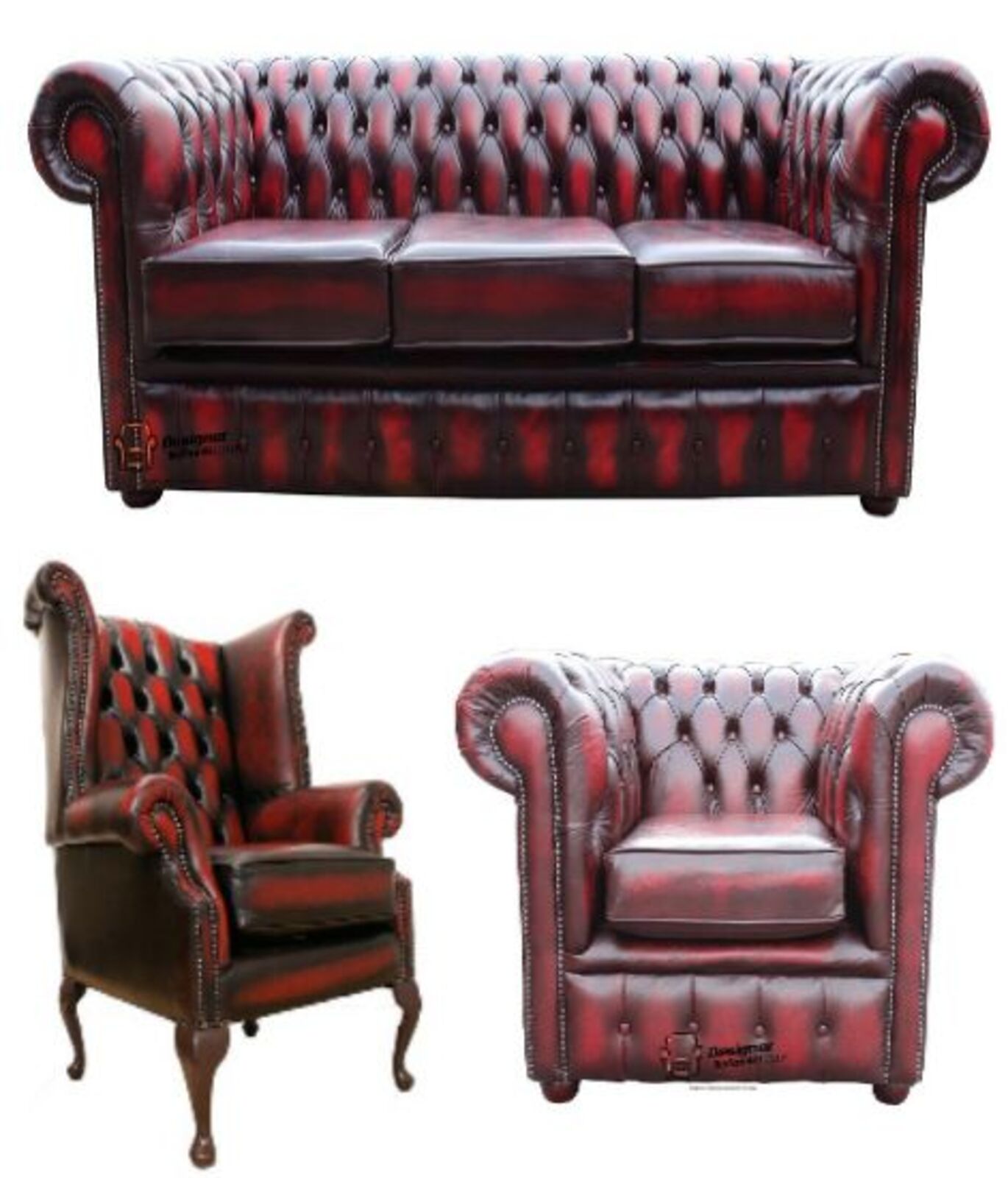 Product photograph of Chesterfield Leather 3 Seater Wing Chair Club Chair Sofa Offer Antique Oxblood from Designer Sofas 4U