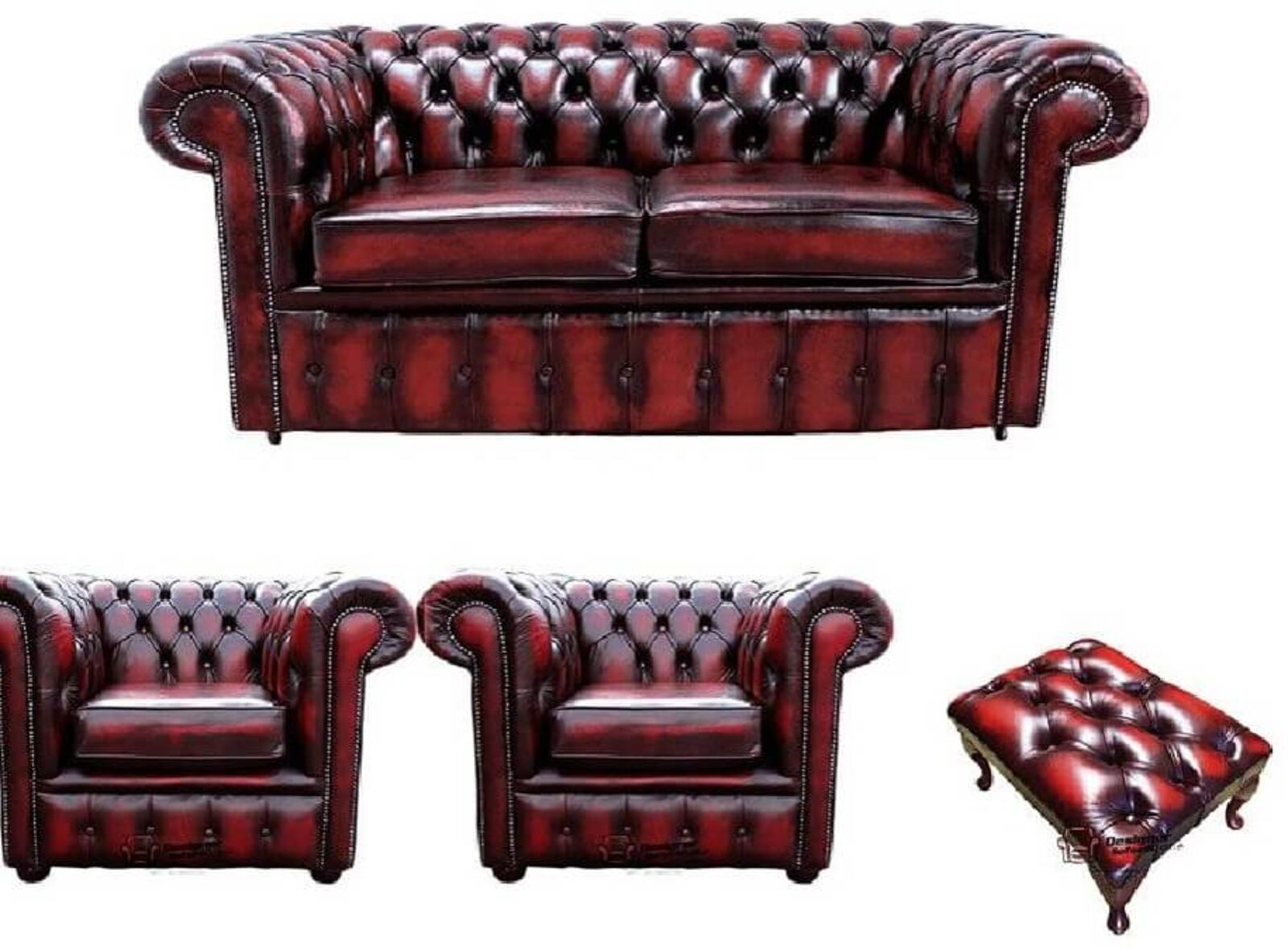Product photograph of Chesterfield 2 Seater Sofa 2 X Club Chairs Footstool Leather Sofa Suite Offer Antique Oxblood from Designer Sofas 4U