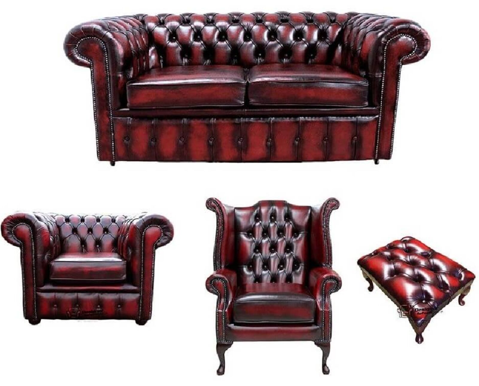 Product photograph of Chesterfield 2 Seater Sofa Club Chair Queen Anne Wing Chair Footstool Leather Sofa Suite Offer Antique Oxblood from Designer Sofas 4U