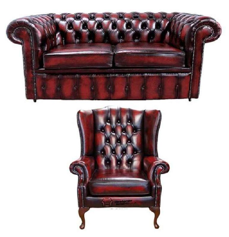 Designer Sofas 4 U Chesterfield 2 Seater Sofa + Mallory Wing Chair Leather Sofa