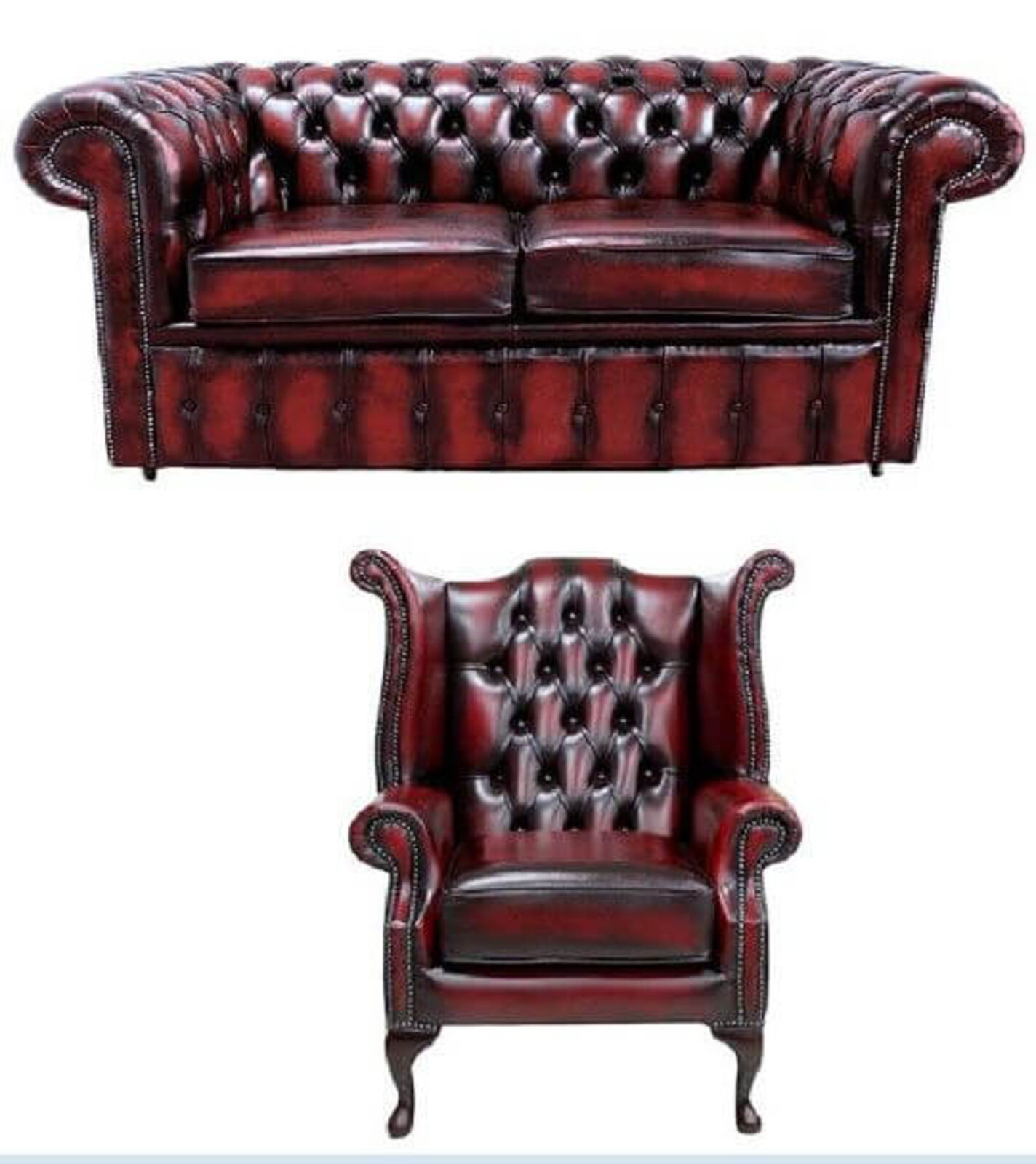Product photograph of Chesterfield 2 Seater Sofa Queen Anne Wing Chair Leather Sofa Suite Offer Antique Oxblood from Designer Sofas 4U