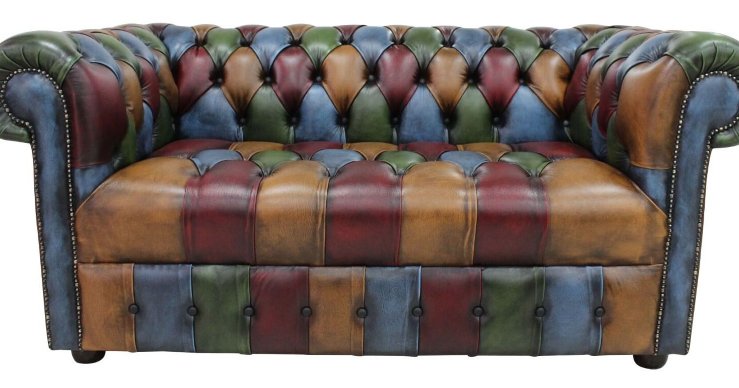 Chesterfield Patchwork Buttoned Seat Antique 2 Seater Settee Leather