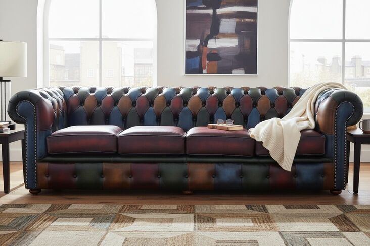 Chesterfield Patchwork Antique 4 Seater Settee Leather Sofa Offer