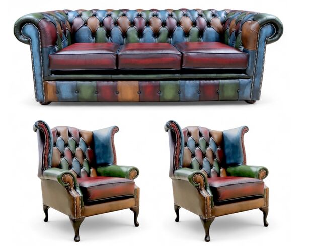 Chesterfield Patchwork Antique Leather 3 Seater Settee + 2 x Queen Anne Wing Armchairs Sofa Suite Offer