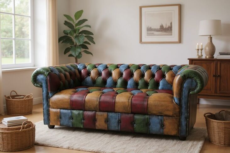 Chesterfield Patchwork Buttoned Seat Antique 2 Seater Settee Leather Sofa Offer