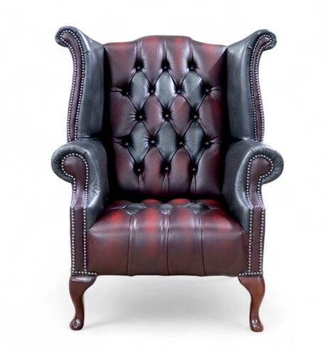 Chesterfield Patchwork Devil Buttoned Seat Queen Anne Wing Chair Antique Real Leather