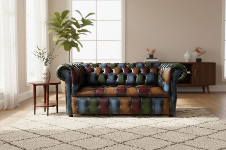Chesterfield Patchwork Edwardian Antique Leather 2 Seater Sofa Offer