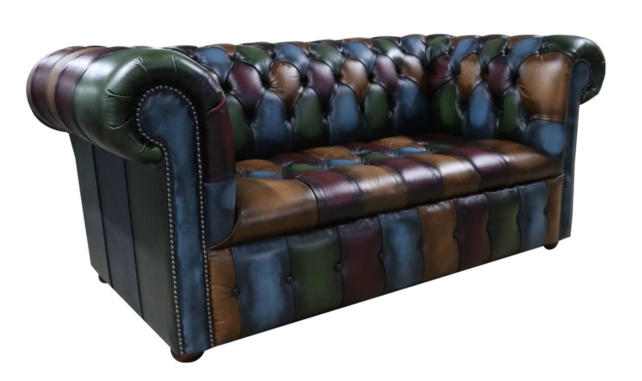 Chesterfield Patchwork Edwardian Antique Leather Sofa