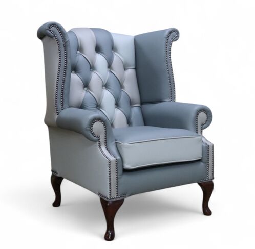 Chesterfield Patchwork Grey Queen Anne Wing Chair Leather