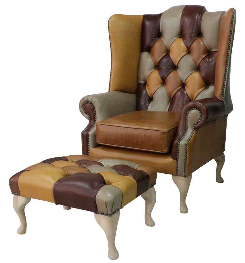 Chesterfield Prince's Patchwork Old English Leather Wing Chair + Footstool