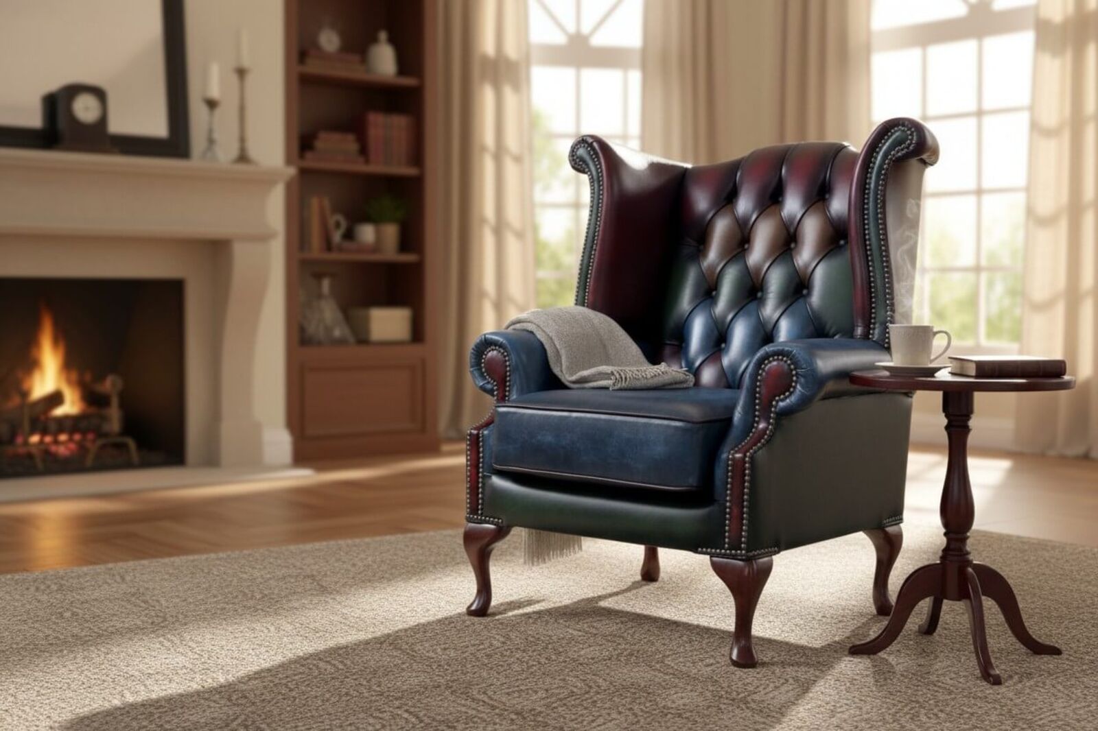 Chesterfield Patchwork Multicolour Queen Anne Wing Chair Antique Real Leather