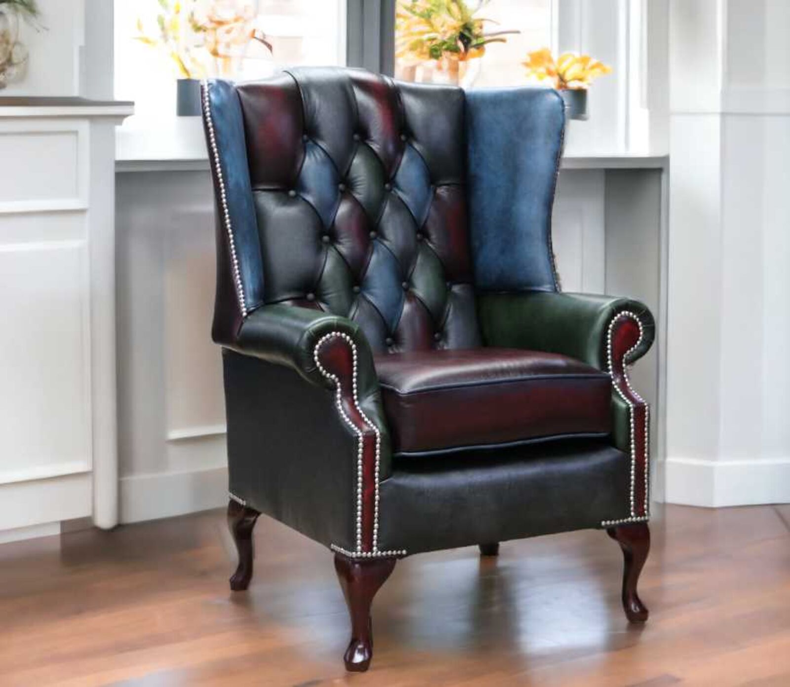 Product photograph of Chesterfield Patchwork Mallory Prince S Queen Anne Wing Chair Antique Grey Leather from Designer Sofas 4U