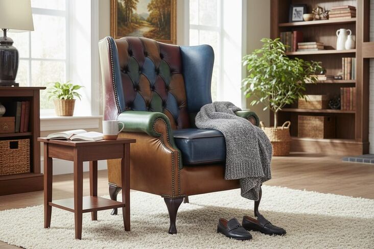 Chesterfield Patchwork Prince's Queen Anne Wing Chair Antique Real Leather