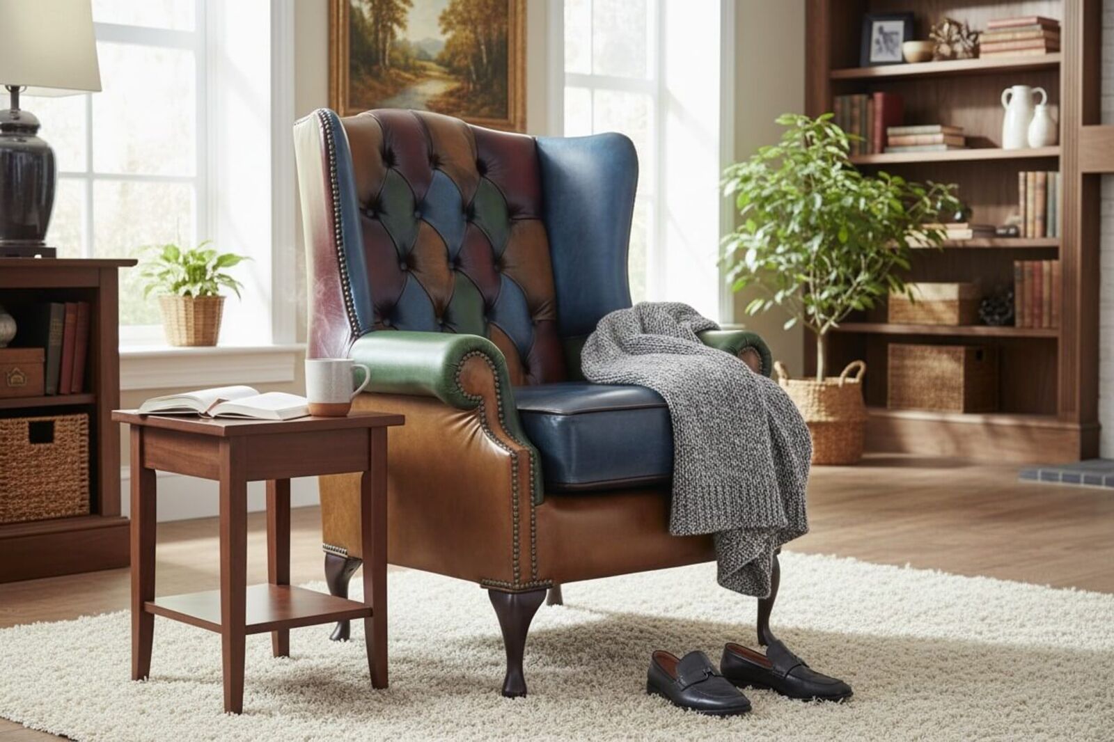 Chesterfield Patchwork Prince's Queen Anne Wing Chair Antique Real Leather