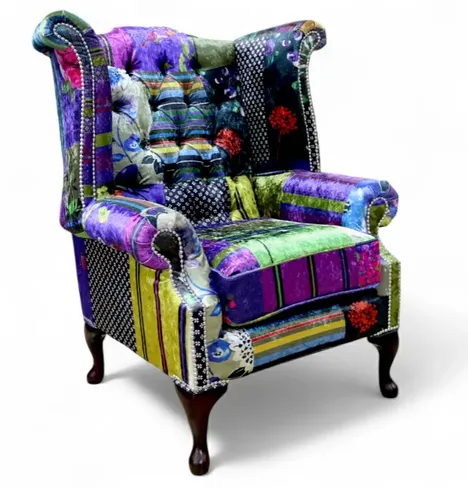 Chesterfield Patchwork Queen Anne London Multi Velvet Wing Chair