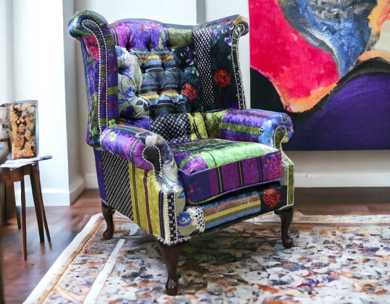 Product photograph of Chesterfield Patchwork Queen Anne London Multi Velvet Wing Chair from Designer Sofas 4U