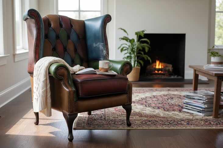 Chesterfield Patchwork Queen Anne Wing Chair Antique Real Leather