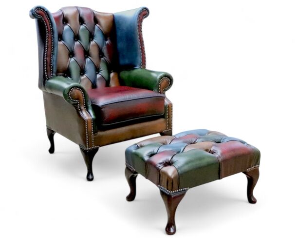 Chesterfield Patchwork Queen Anne Wing Chair Antique Real Leather + Footstool