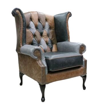 Chesterfield Patchwork Queen Anne Wing Chair Vintage Cracked Wax Leather