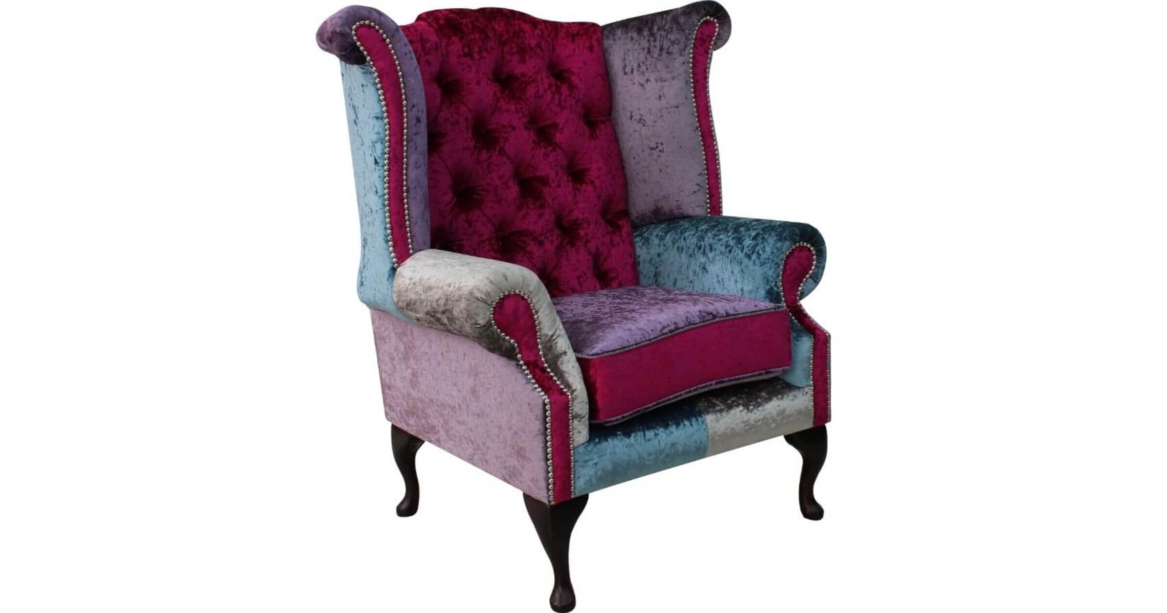 Chesterfield Patchwork Velvet Queen Anne Wing Chair Shimmer