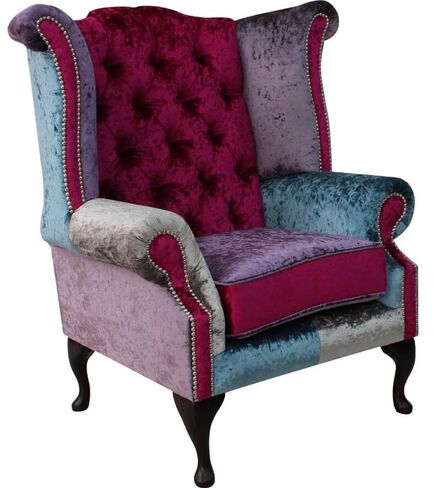 Chesterfield Patchwork Velvet Queen Anne Wing Chair Shimmer