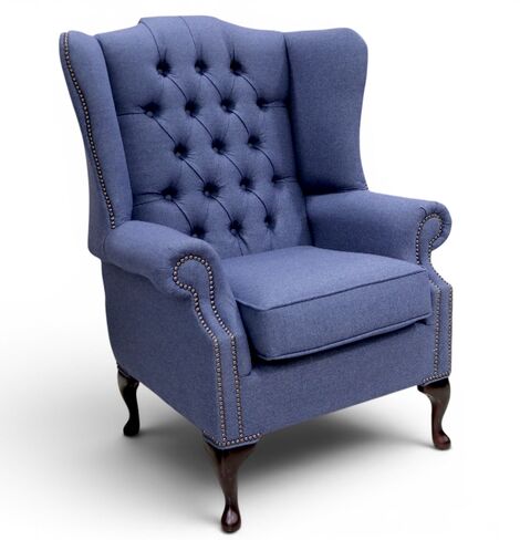 Chesterfield Prince's Flat Wing Queen Anne High Back Wing Chair Calabria Navy Blue Fabric