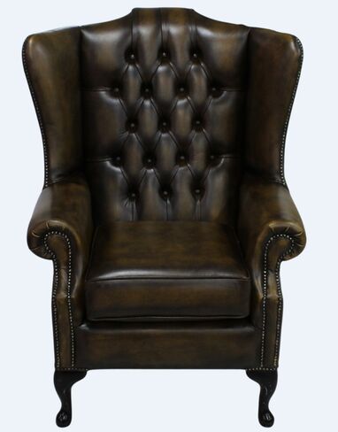 Chesterfield Prince's Mallory Flat Wing Queen Anne High Back Wing Chair UK Manufactured Antique Gold Leather