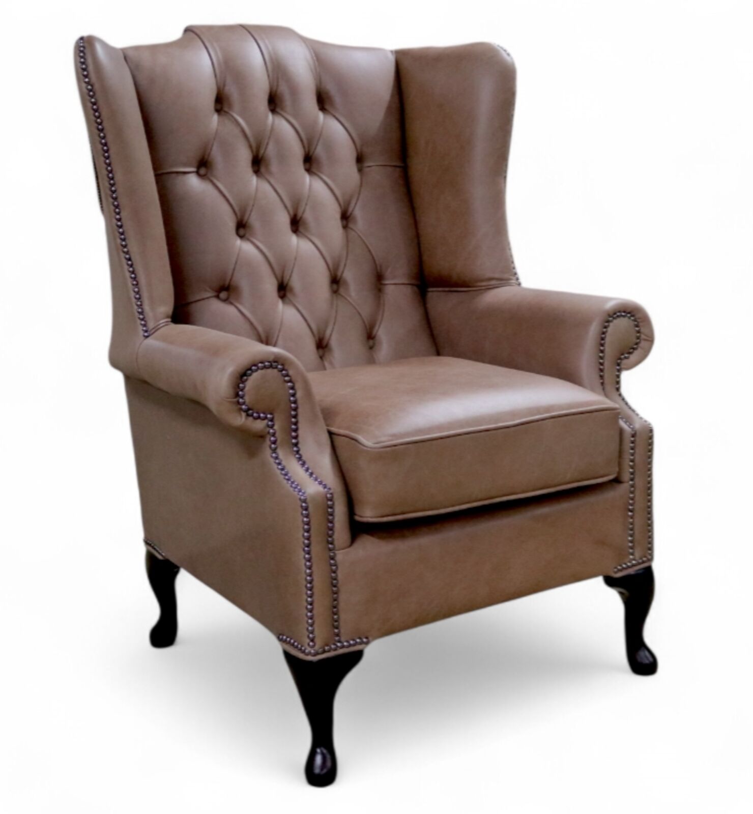 Chesterfield Prince's Mallory Flat Wing Queen Anne High Back Wing Chair Selvaggio Beaver Brown Leather