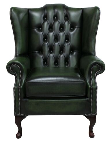 Chesterfield Prince's Mallory Flat Wing Queen Anne High Back Wing Chair UK Manufactured Antique Green Leather