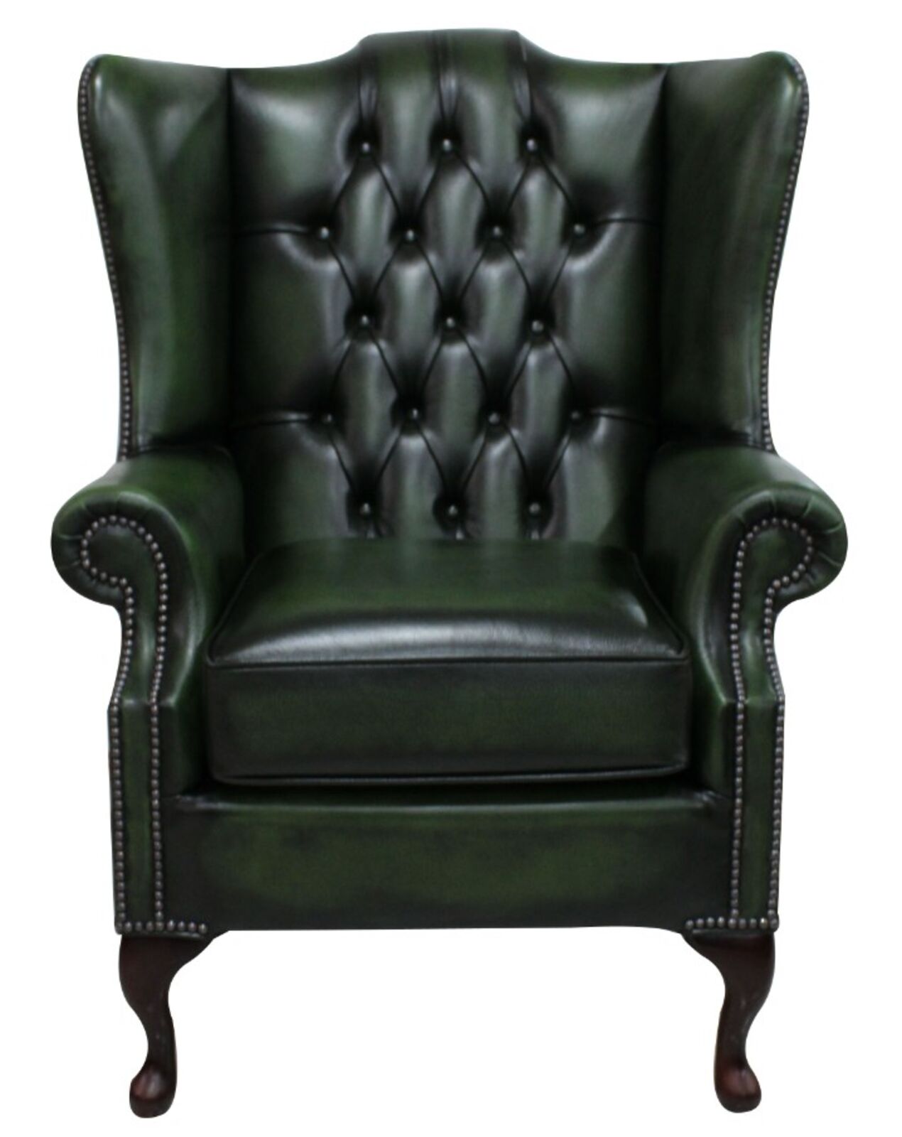Product photograph of Chesterfield Prince S Mallory Flat Wing Queen Anne High Back Wing Chair Uk Manufactured Antique Green Leather from Designer Sofas 4U