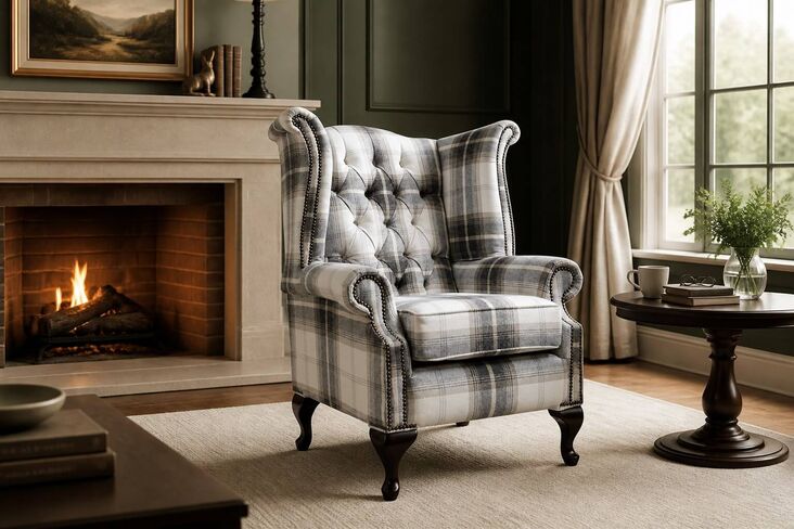 Chesterfield Prince's Queen Anne High Back Wing Chair Balmoral Charcoal Check P&S Fabric