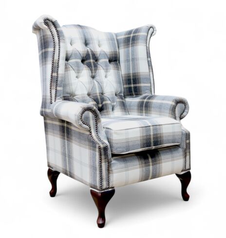 Chesterfield Prince's Queen Anne High Back Wing Chair Balmoral Charcoal Check P&S Fabric