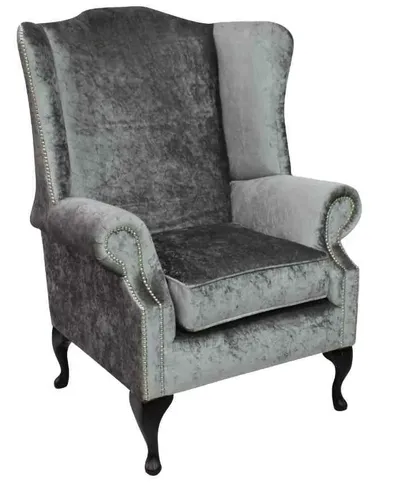 Chesterfield Prince's Saxon Flat Wing Queen Anne High Back Wing Chair Shimmer Silver Velvet