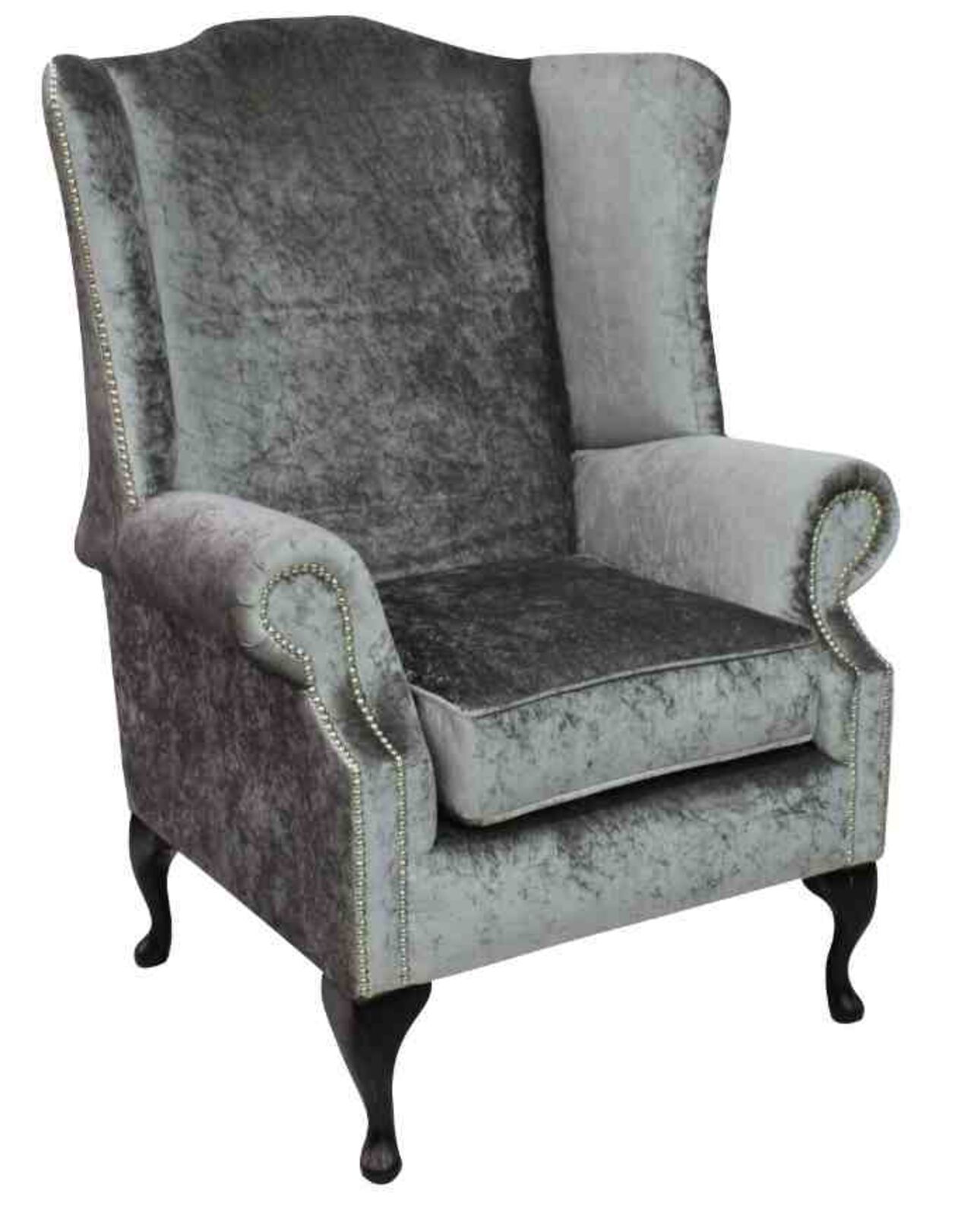 Product photograph of Chesterfield Prince S Saxon Flat Wing Queen Anne High Back Wing Chair Shimmer Silver Velvet from Designer Sofas 4U