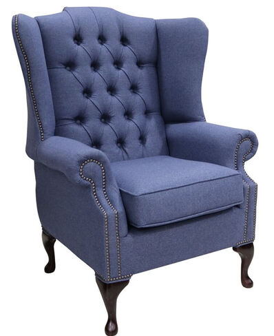 Chesterfield Prince's Flat Wing Queen Anne High Back Wing Chair Calabria Navy Blue Fabric