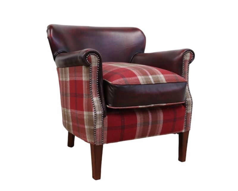 Product photograph of Professor Antique Oxblood Leather Amp Tartan Balmoral Red Armchair from Designer Sofas 4U