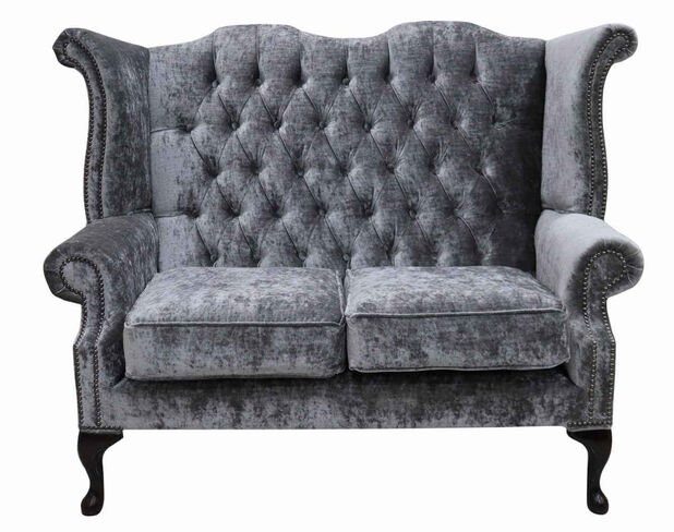 Chesterfield 2 Seater Queen Anne High Back Wing Sofa Chair Modena Regency Grey Velvet