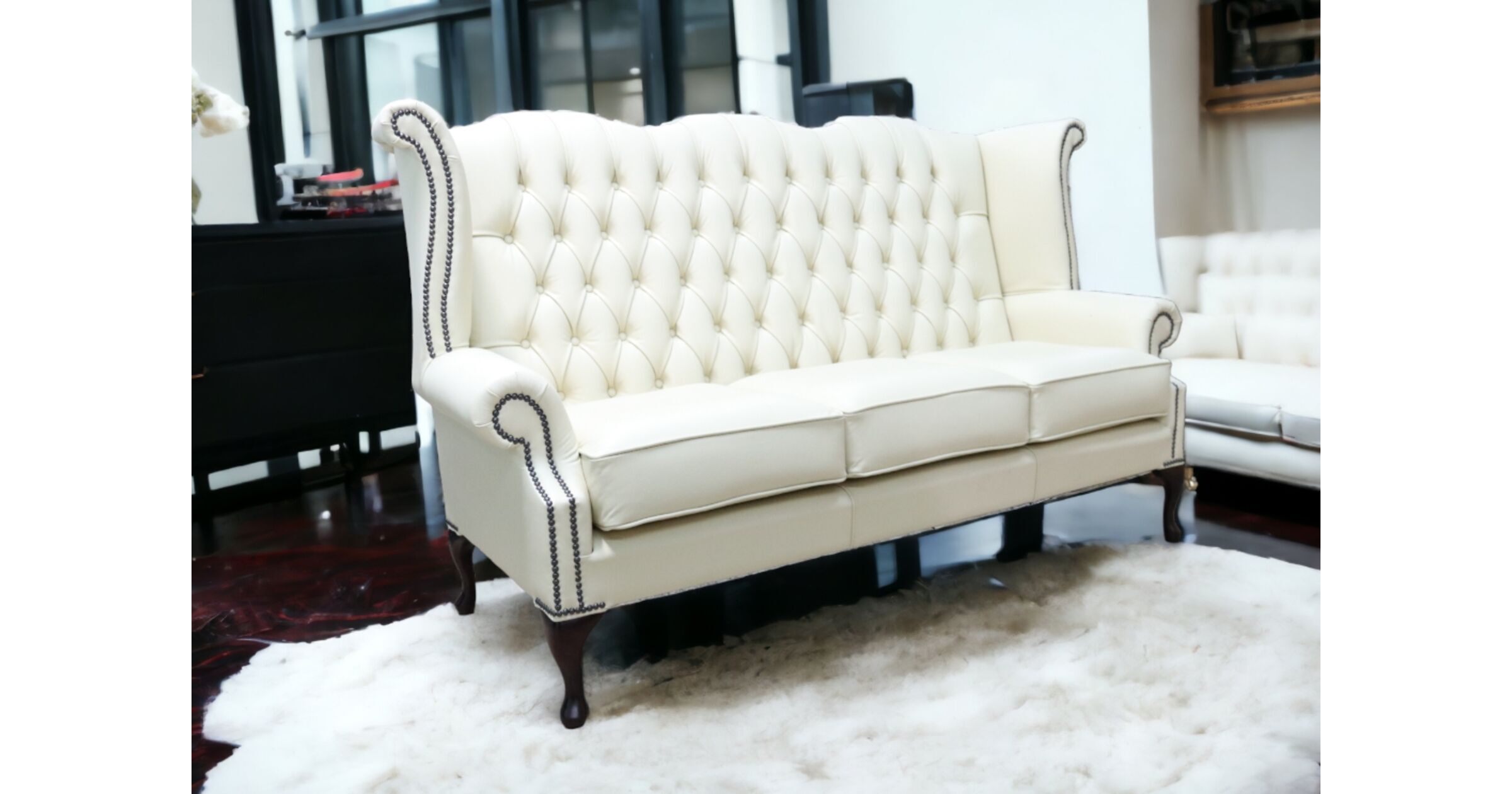 Royal Comfort Chesterfield 3Seater Queen Anne High Back Wing Sofa in Cream Leather Designer